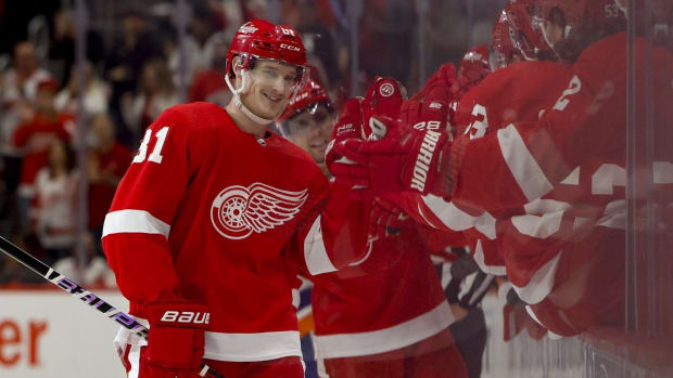 Nov 5, 2022; Detroit, Michigan, USA; Detroit Red Wings left wing Dominik Kubalik (81) celebrates after scoring in the third period against the New York Islanders at Little Caesars Arena. Mandatory Credit: Rick Osentoski-USA TODAY Sports